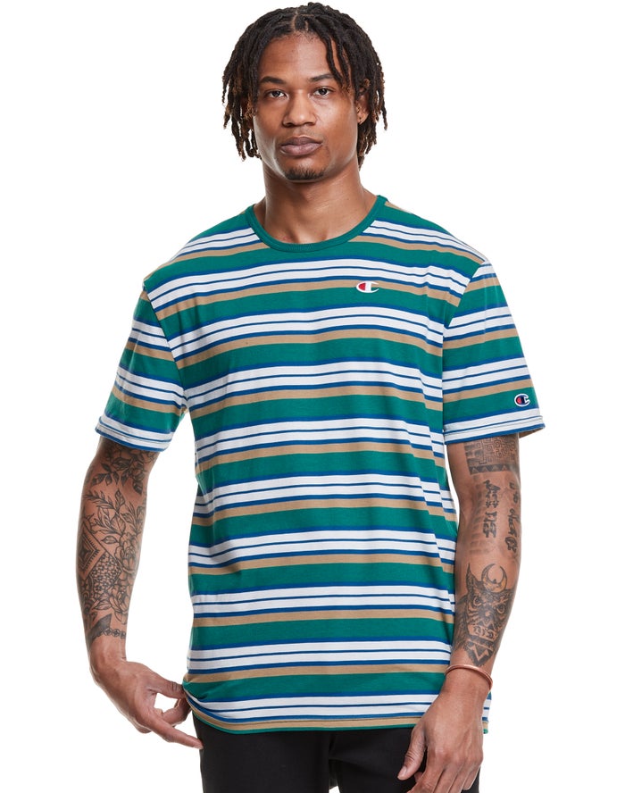 Champion Yarn-Dye Stripe C Logo - Miesten Vihreä/Valkoinen T-Paita - Suomi 0396512-AQ